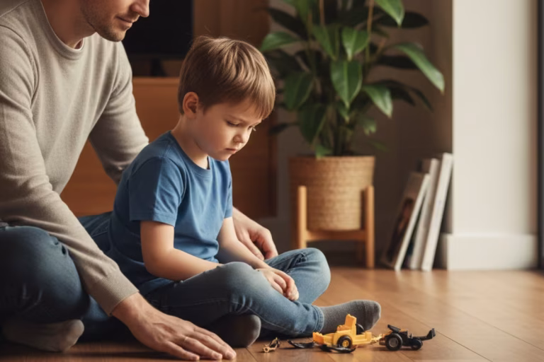 Parenting guidelines demonstrating setting boundaries with natural consequences as father supports son learning from broken toy