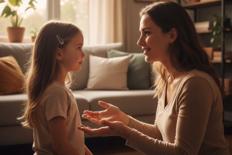 Positive parenting guidelines showing mother communicating effectively with daughter at eye level using active listening techniques