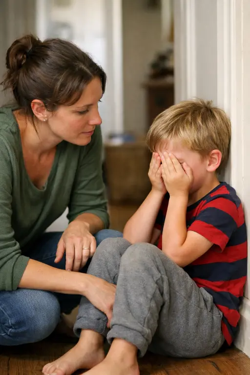 Calm parent crouching at eye level with an overwhelmed child, offering steady presence and gentle support during an emotional moment, real-life parenting scene in natural light.