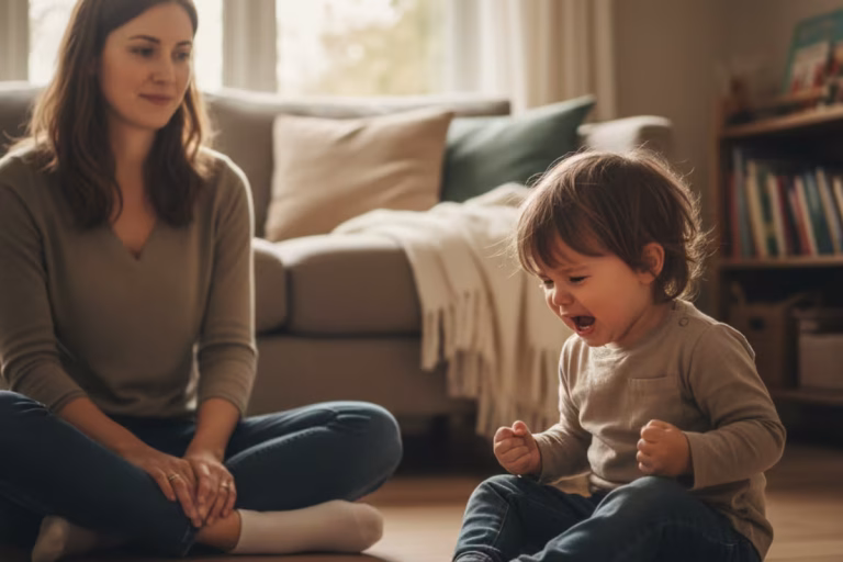Parenting guidelines for teaching emotional intelligence showing parent calmly present during preschooler meltdown and big feelings