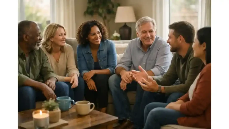Group of parents sitting together and talking in a supportive home setting, showing how shared support helps reduce parental burnout