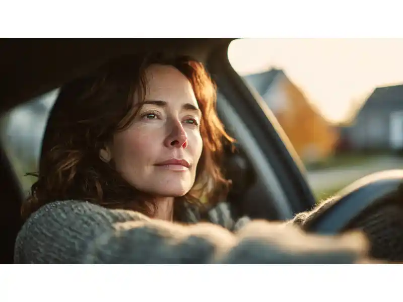 Parent sitting calmly in their car after work, taking a quiet five-minute pause before returning home
