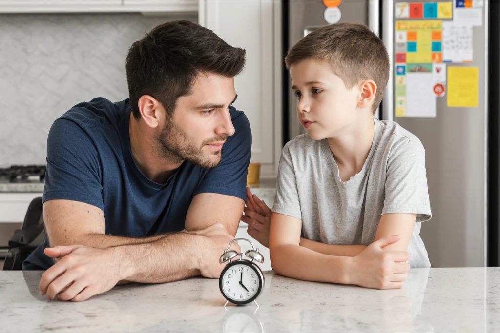 what is authoritative parenting in daily practiceFather demonstrating authoritative parenting style by setting clear boundaries with warmth while talking to young son

