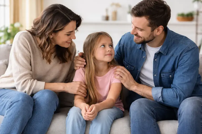 • A family sits together after a minor disagreement; the parents appear to apologize to the child with a warm smile.