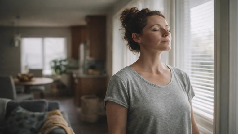 Parent standing near a window at home with eyes closed, taking a calm breathing pause to recharge during the day