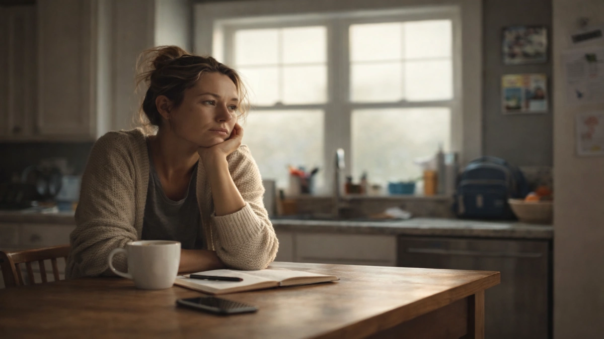 Parent sitting quietly at a kitchen table in the morning, showing early signs of parental burnout and emotional exhaustion
