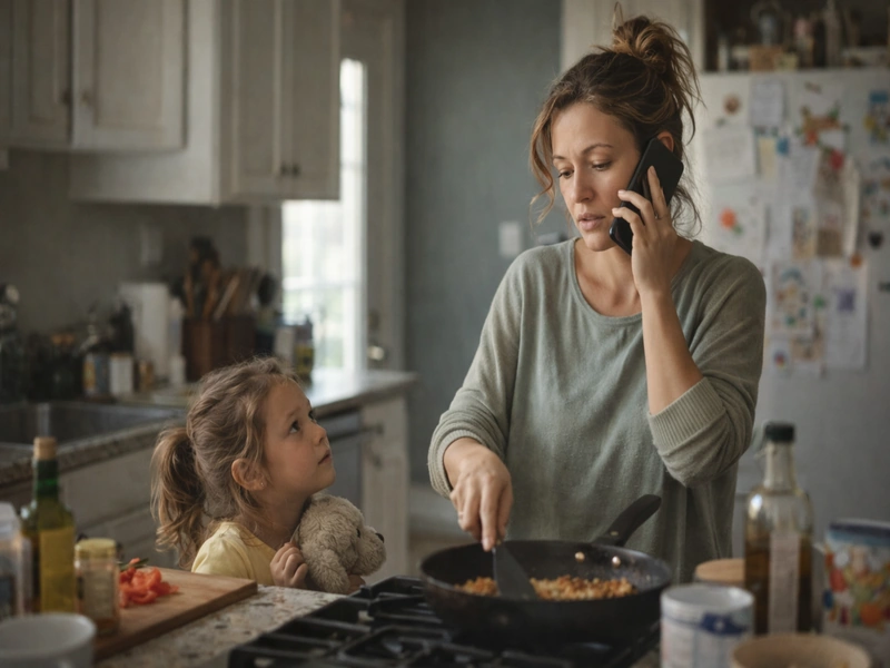 Parent cooking in the kitchen while talking on the phone, showing emotional overload and early signs of parental burnout