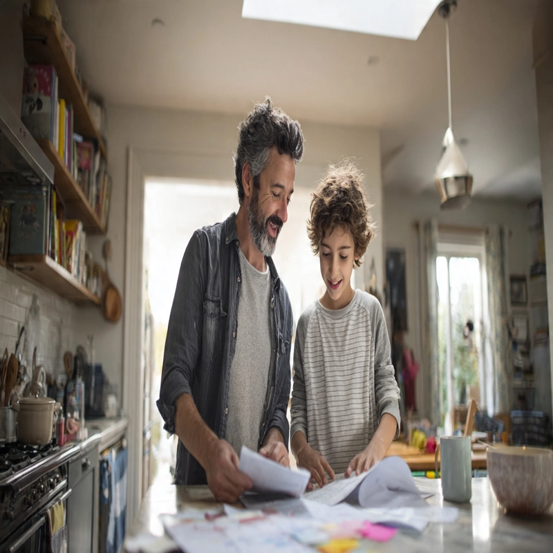 Parent and child standing together in the kitchen, smiling and working through papers during a calm family moment