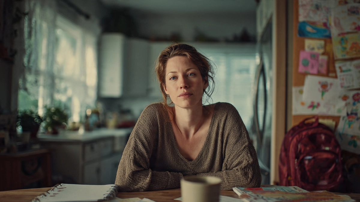 Parent sitting at a kitchen table in the morning, looking emotionally tired and overwhelmed by daily responsibilities