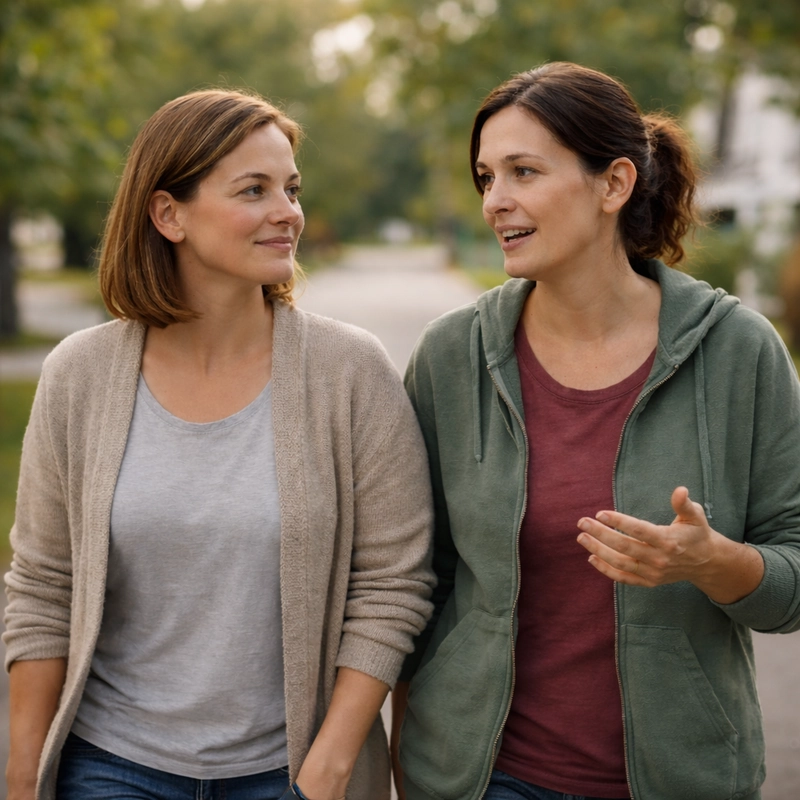 Two parents walking together and talking in a quiet neighborhood as part of a local support network