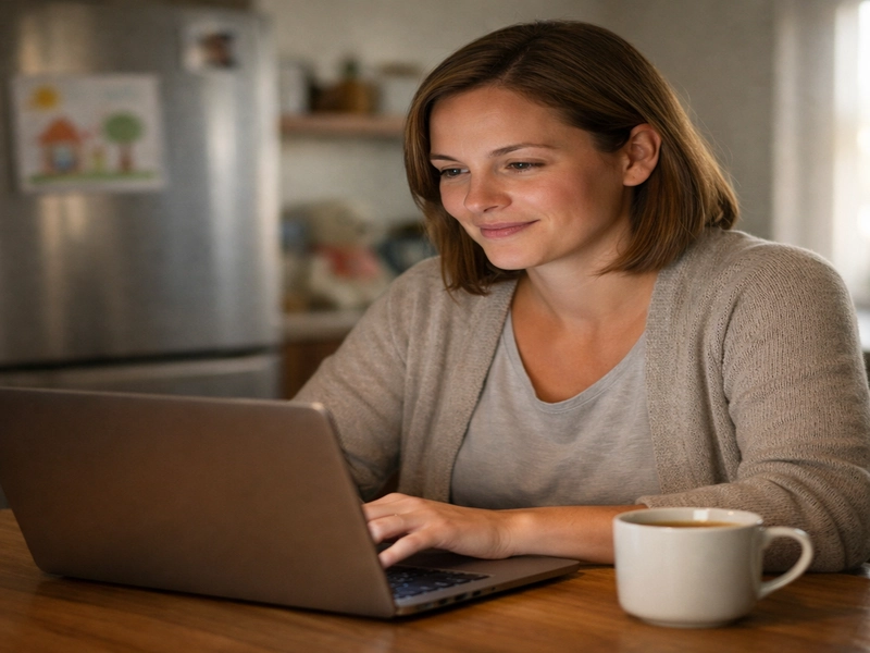 Parent sitting at a kitchen table using a laptop, finding online support while managing parental burnout