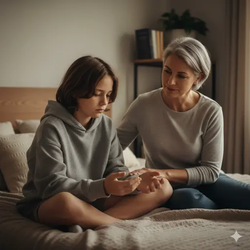 a mother sitting next to her child calmly