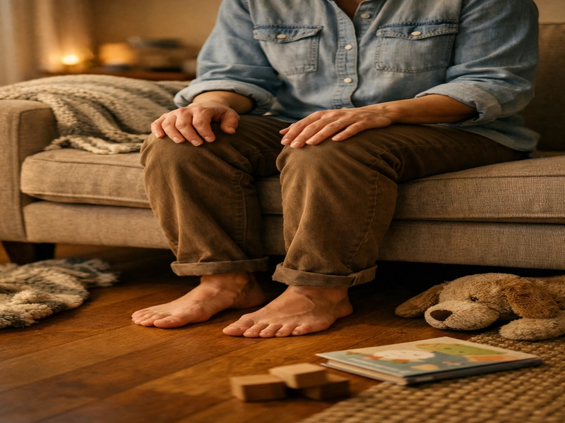 Parent sitting on a couch with feet on the floor, hands resting on knees, practicing a short grounding pause at home

