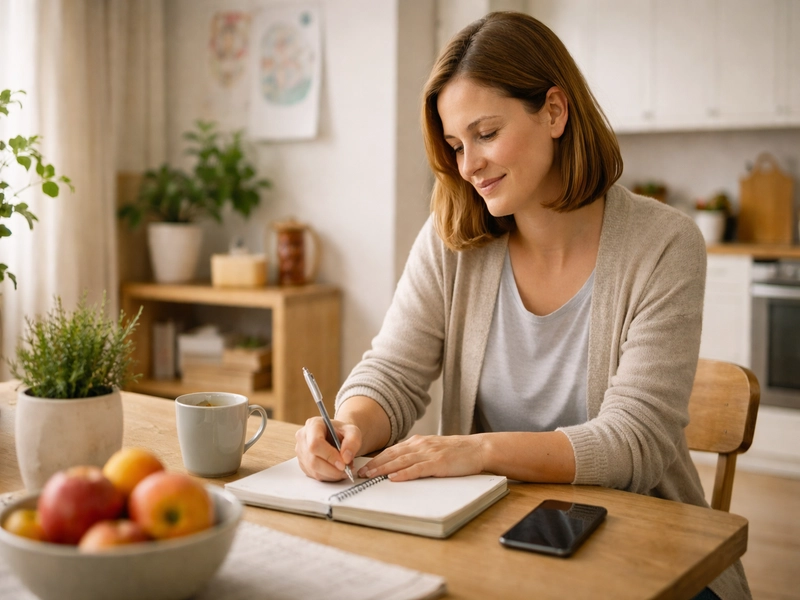 Parent sitting at a kitchen table writing in a notebook, using journaling to reflect and regain emotional balance after burnout