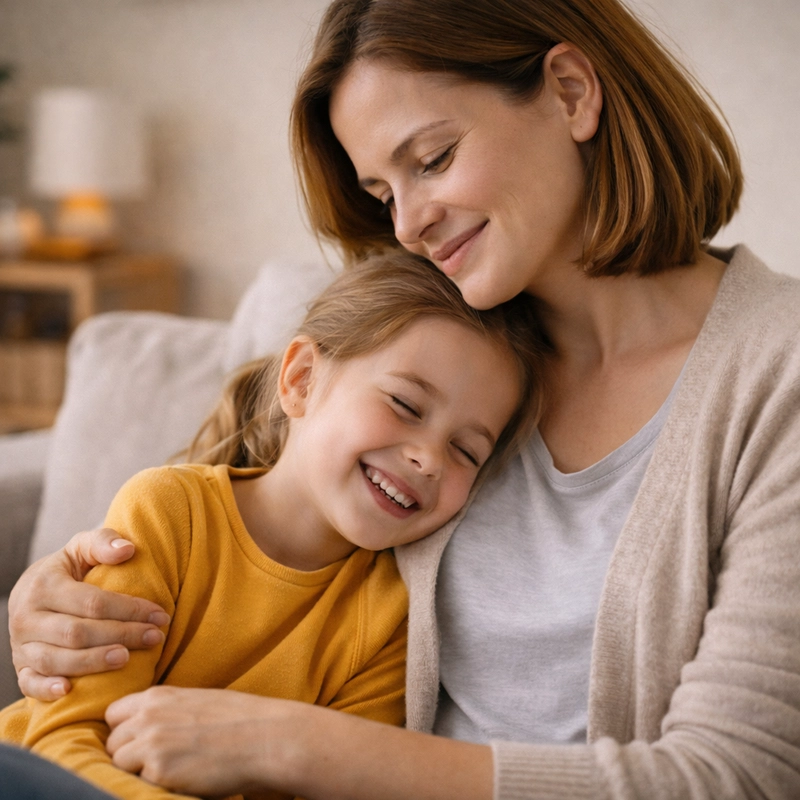 A parent gently holding their smiling child on a couch, sharing a quiet moment of emotional connection after burnout