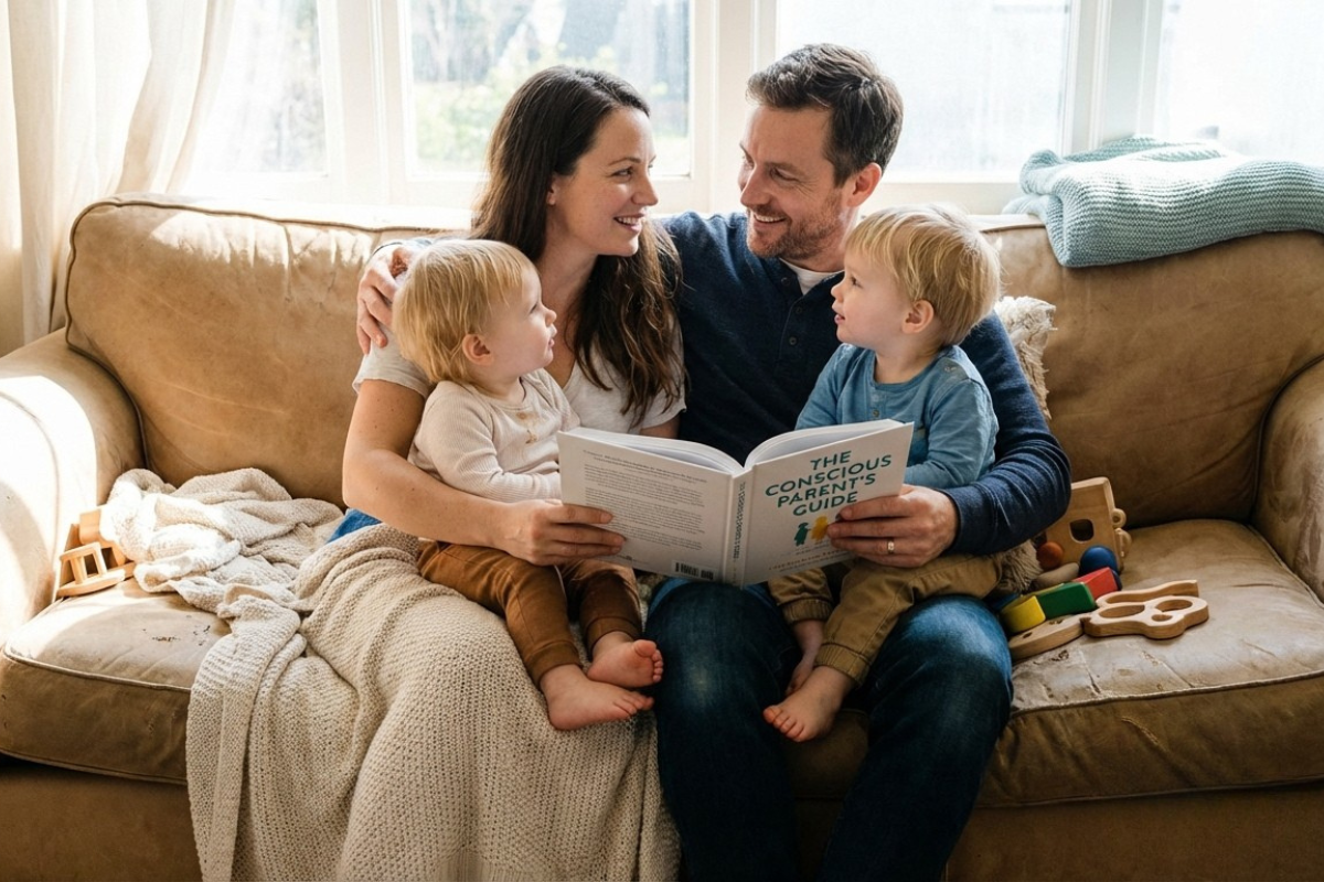 Parents practicing conscious parenting through calm family interaction