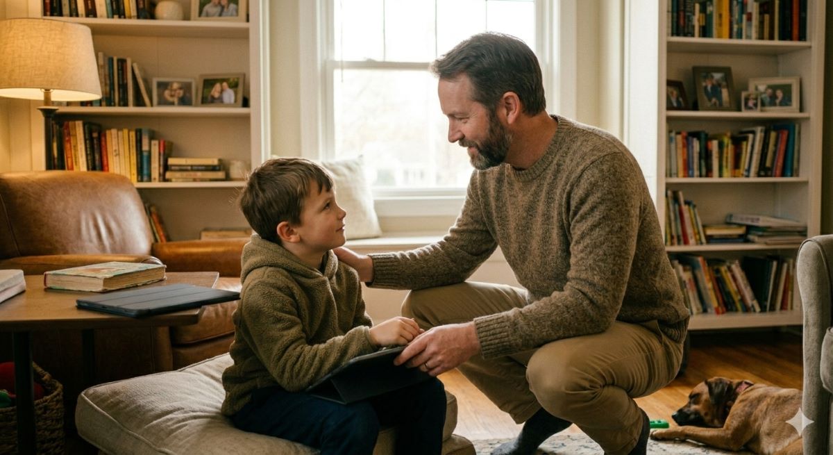 parent calmly ending screen time with a child