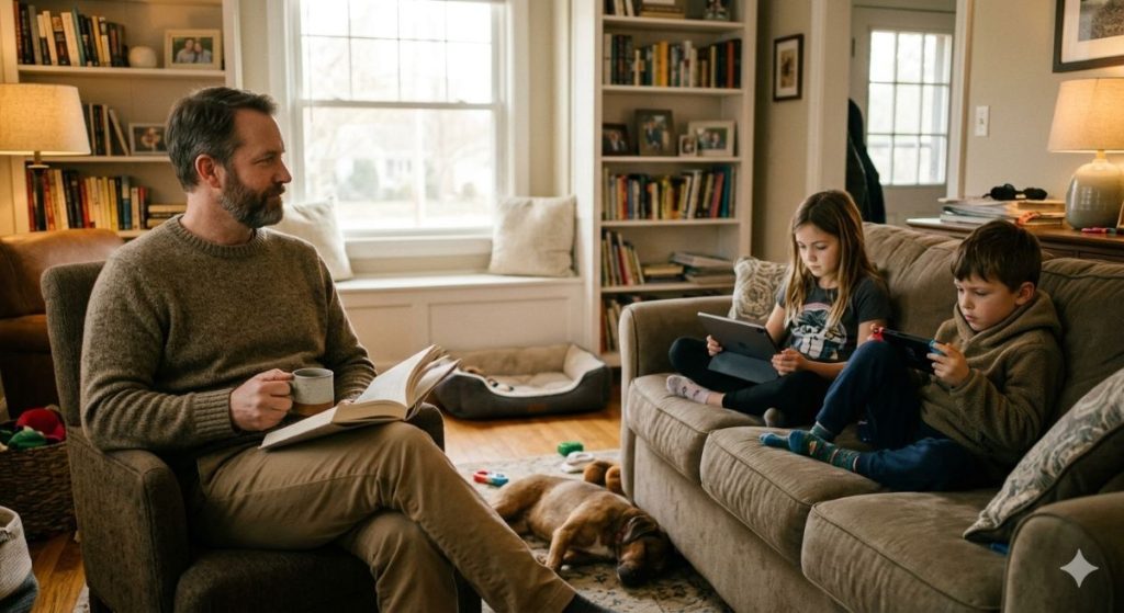 parent supervising child screen use calmly at home