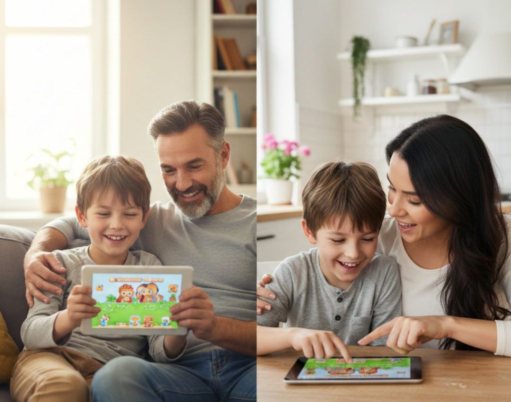   child carrying a tablet between homes with consistent screen rules