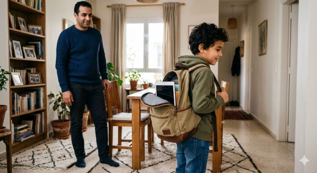 child carrying a tablet between homes with parental supervision
