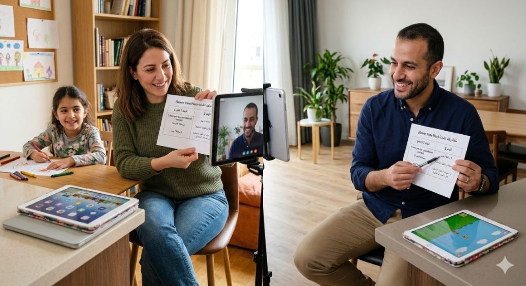   parents reviewing shared screen time settings together