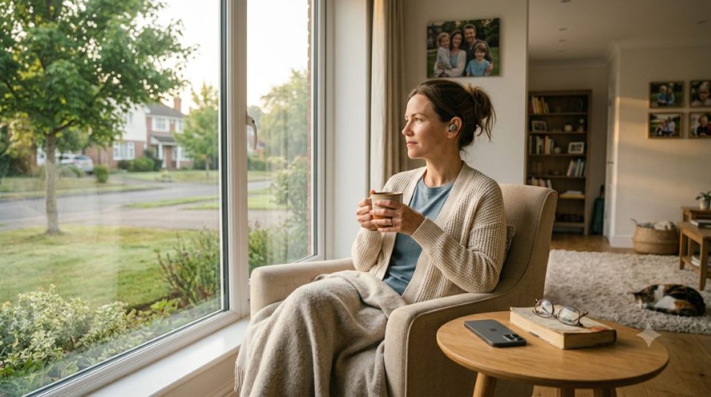 Mother enjoying a peaceful morning with a cup of coffee and wireless earbuds while taking a quiet moment for herself near a window.