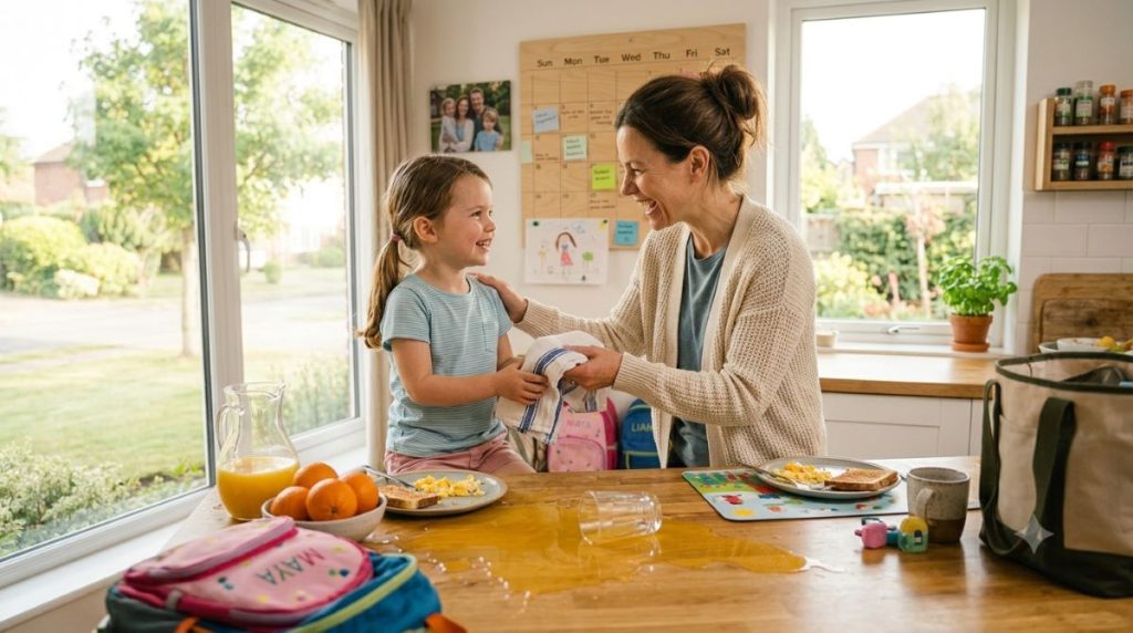 Mother and daughter smiling together while cleaning up spilled orange juice in a bright family kitchen.