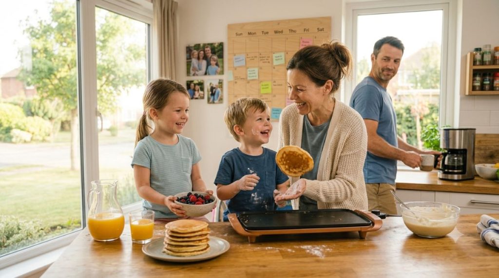 Mother and son happily making pancakes together in a warm American kitchen while their father smiles in the background.