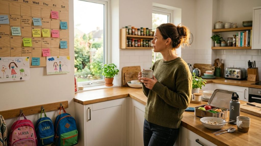 Mother standing in a bright family kitchen holding a cup of coffee while quietly preparing for another busy day with her family.